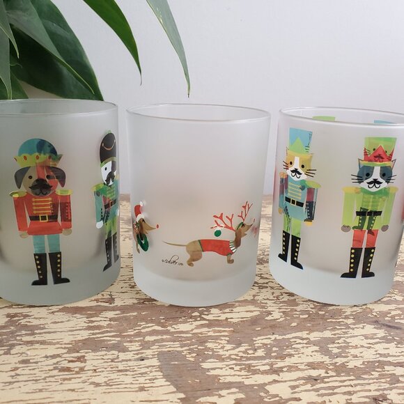 Culver Set Of 3 Holiday Drinking Glasses Frosted Cat Dog Nutcracker - Picture 1 of 8